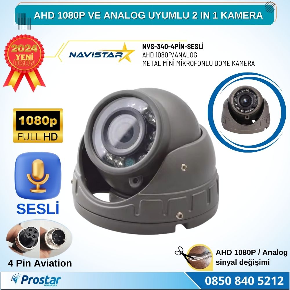 Mikrofonlu AHD 1080P ve Analog Pal Dönüşümlü Gece Görüşlü 4 Pin Mini Metal Dome Araç Kamerası