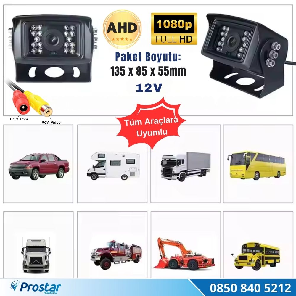 AHD 1080P/720P Büyük Gece Görüşlü RCA AV Soketli Kamyon Tır Otobüs Kamerası