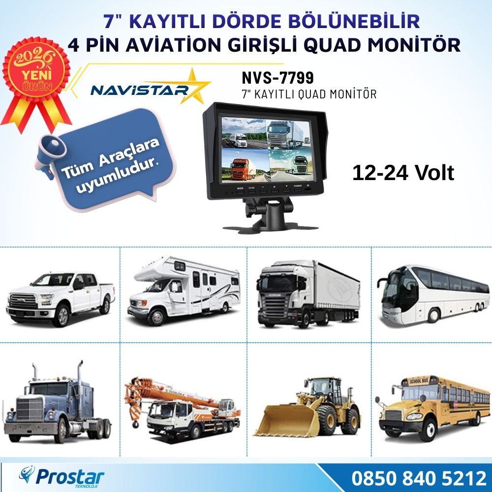7 inç Dörde Bölünebilir Kayıtlı Quad Monitör 4 Pin Aviation Girişli AHD 1080P/720P/CVBS Analog Pal Ntsc 256GB SD Kart Destekli