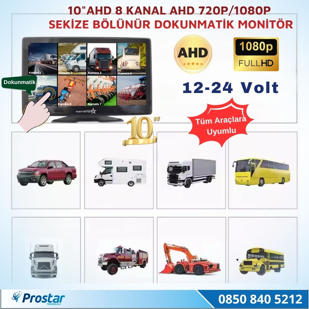 10 inç 8 Kanal Dokunmatik AHD 1080P/720P Kayıtlı Araç Monitörü 12-24V