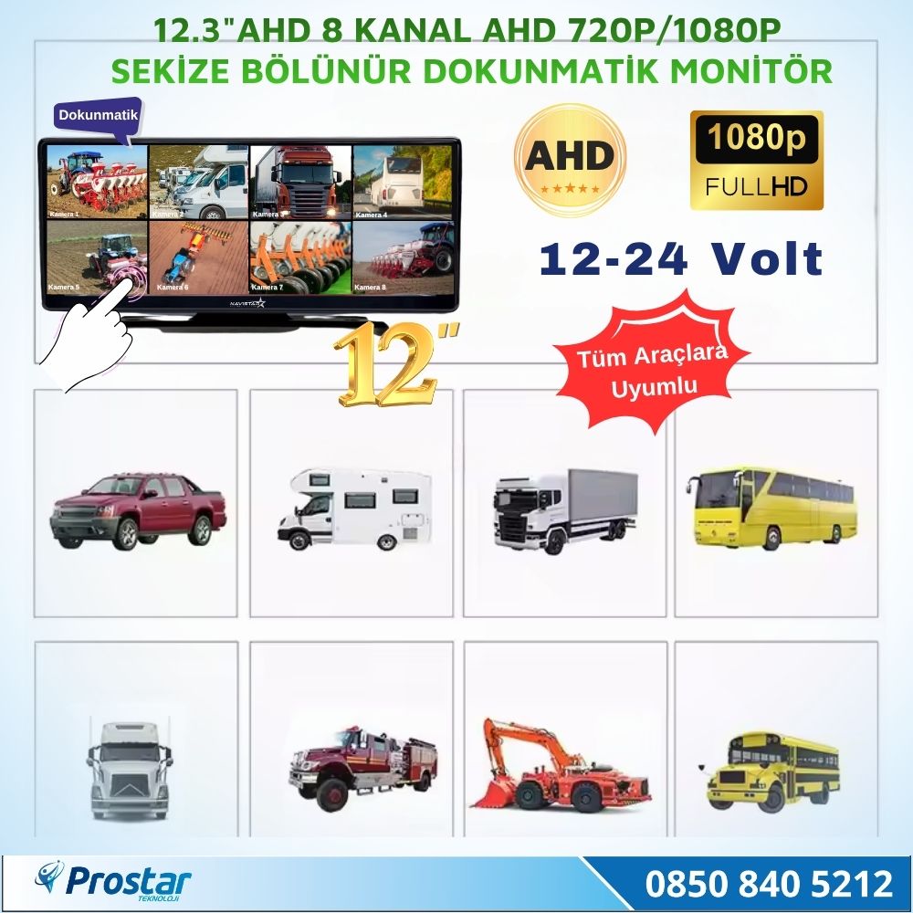 12.3 inç 8 Kanal Full HD AHD Geniş Ekran Dokunmatik Kayıtlı Araç Monitörü 12-24V
