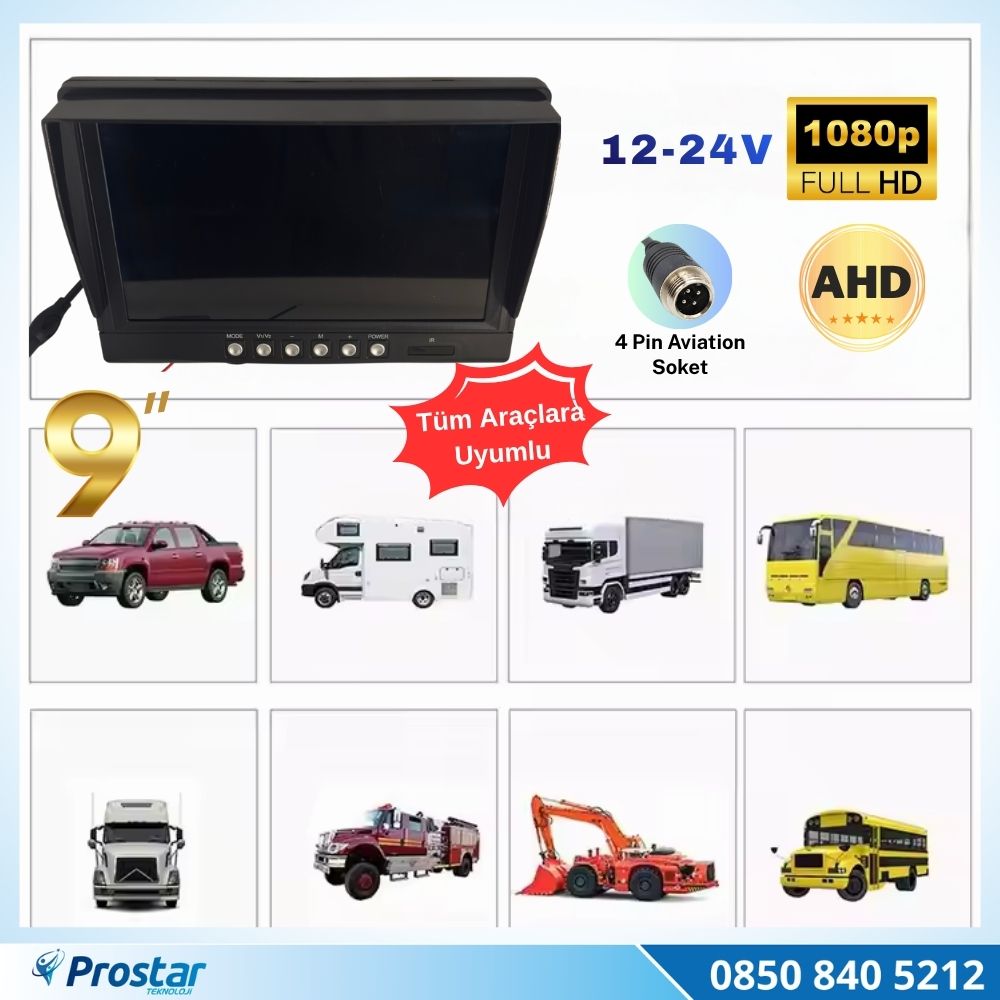 9 inç AHD 2 Kanal Full HD Araç Monitörü AHD 1080P/720P + CVBS Analog Uyumlu 12-24V