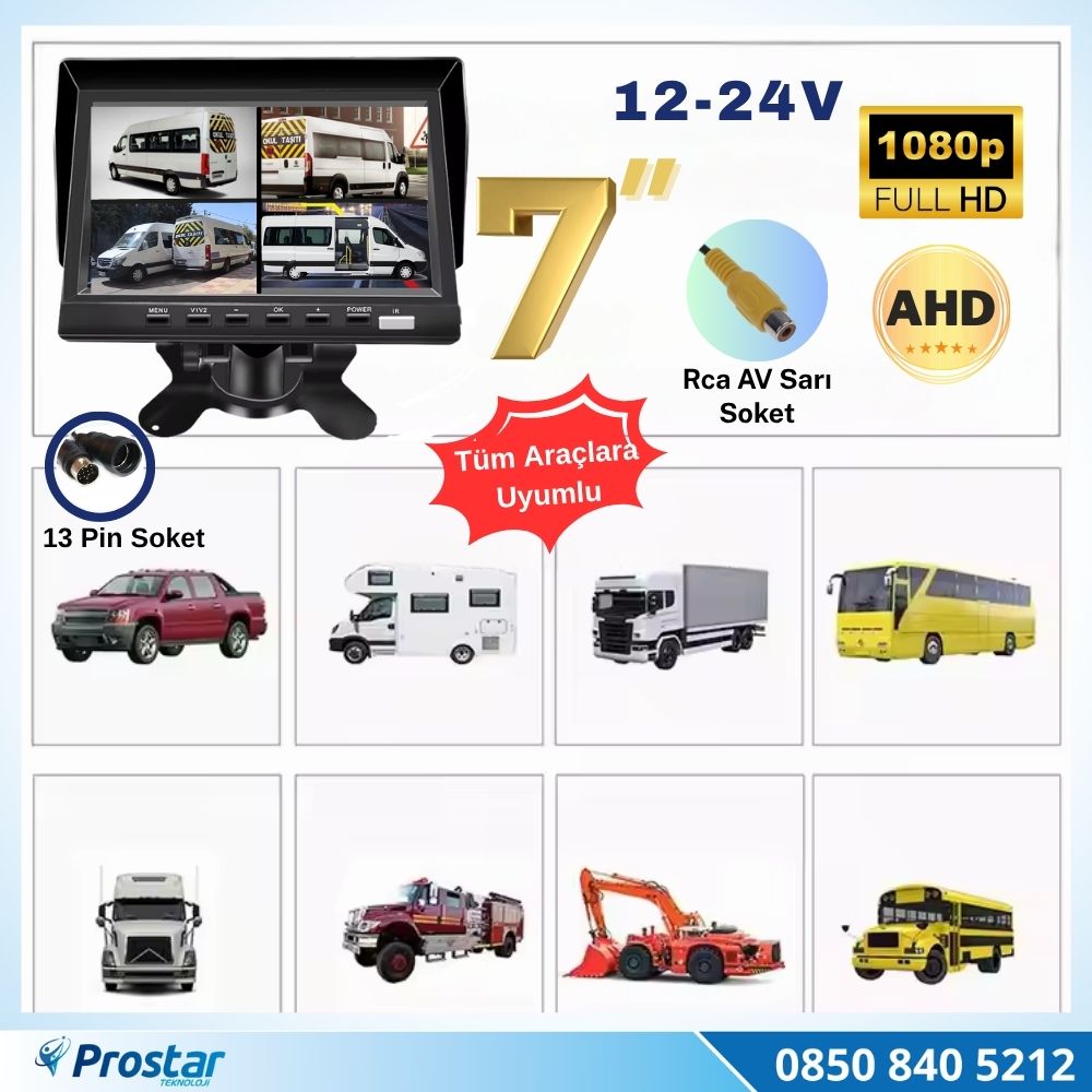 Kayıtlı 7 inç 4 Kanal 13 Pin IPS AHD 1080P 720P Analog 256 GB SD Destekli Quad Araç Monitörü 12-24V