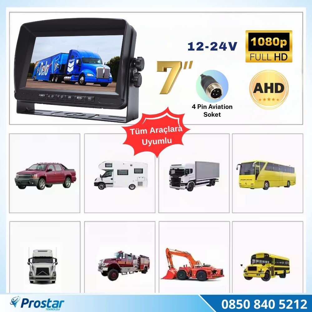 Kayıtlı 7 inç 4 Kanal Full HD Quad AHD/Analog 4 Pin Araç Monitörü 256 GB SD Kart Destekli 12-24V