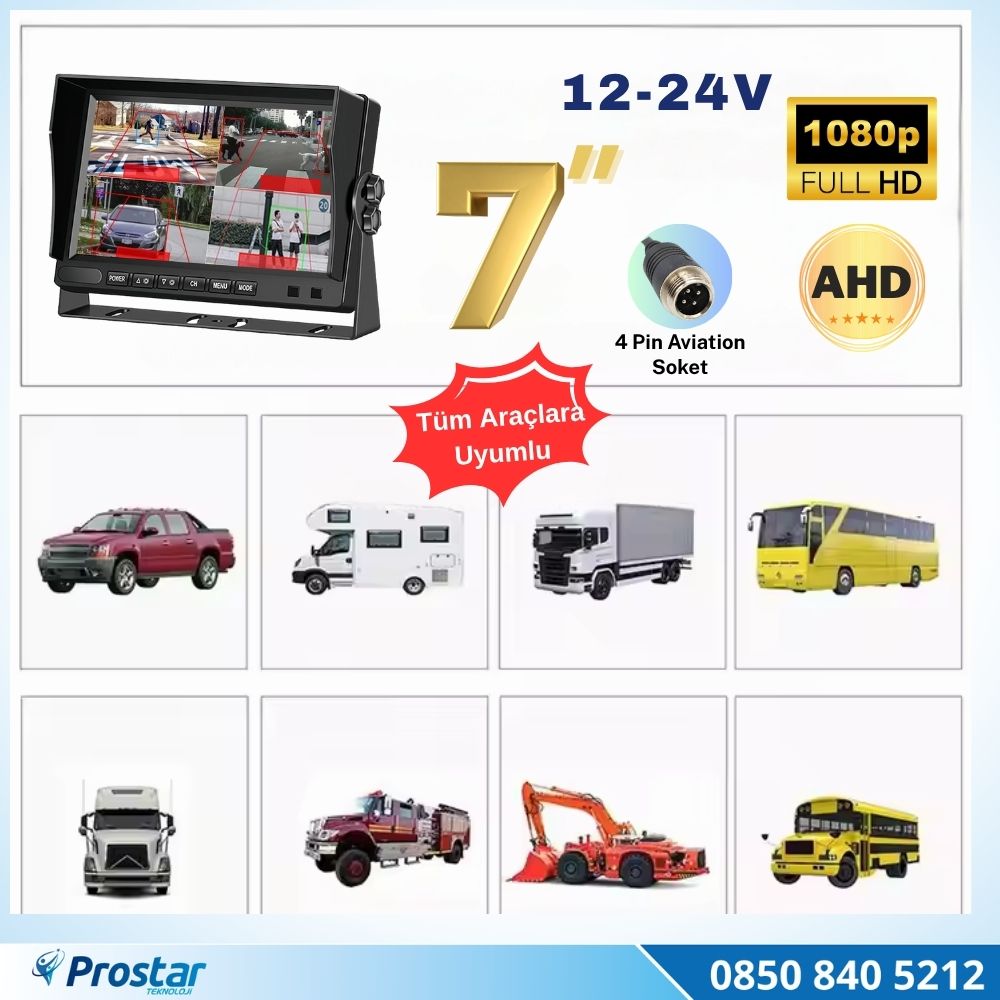 7 inç 4 Kanal Full HD BSD Kör Nokta Uyarılı AHD Quad Araç Monitörü Aktif Nesne Algılama + Sesli İkaz 12-24V