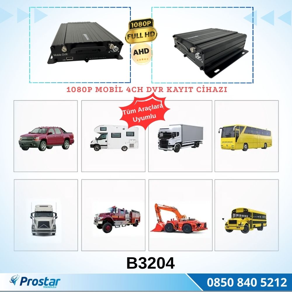 4 Kanal AHD 1080P Harddisk ve Sd kart Destekli Profesyonel Mobil DVR Kayıt Cihazı