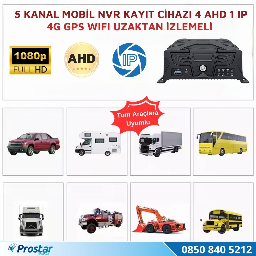 5 Kanal Mobil NVR Kayıt Cihazı 4 AHD + 1 IP Kamera 4G GPS WiFi 1080p Full HD Uzaktan İzleme Araç Güvenlik Sistemi