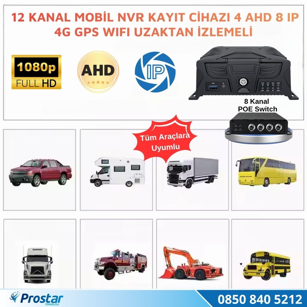 12 Kanal Profesyonel Mobil NVR/DVR Filo Güvenlik ve Takip Sistemi (4 AHD + 8 IP, 4G, GPS, WiFi, Endüstriyel Kara Kutu)