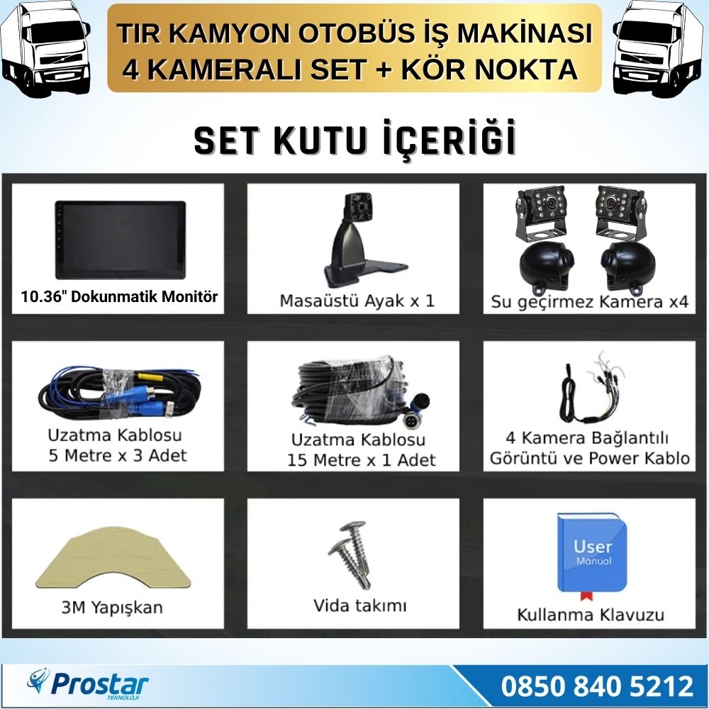 Tır ve Kamyon 10.36" Dokunmatik 4 kameralı 256 GB Destekli Kör Nokta Uyarı Sistemli Kamera Seti