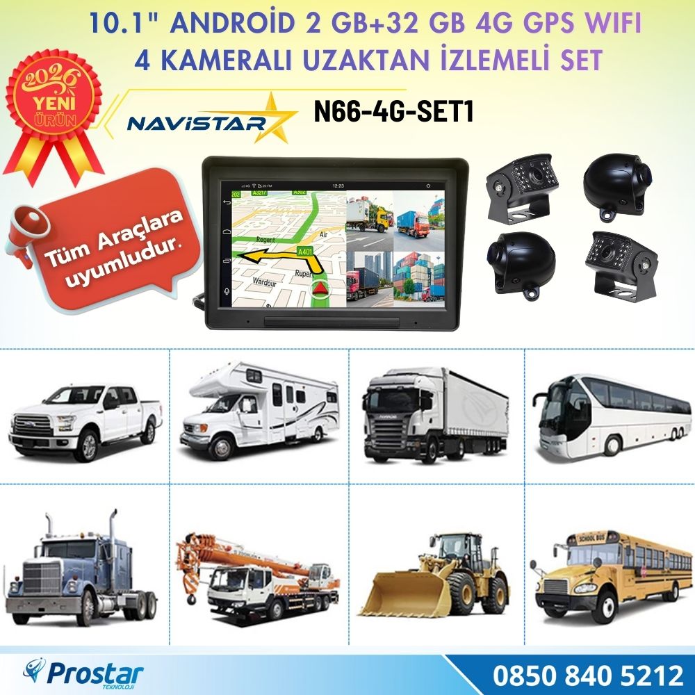 10 inç Android 4G Uzaktan izlemeli, 4 Kameralı, Wifi, GPS, Bluetooth 2 GB + 32 GB ve 512 GB SD Kart Destekli Set