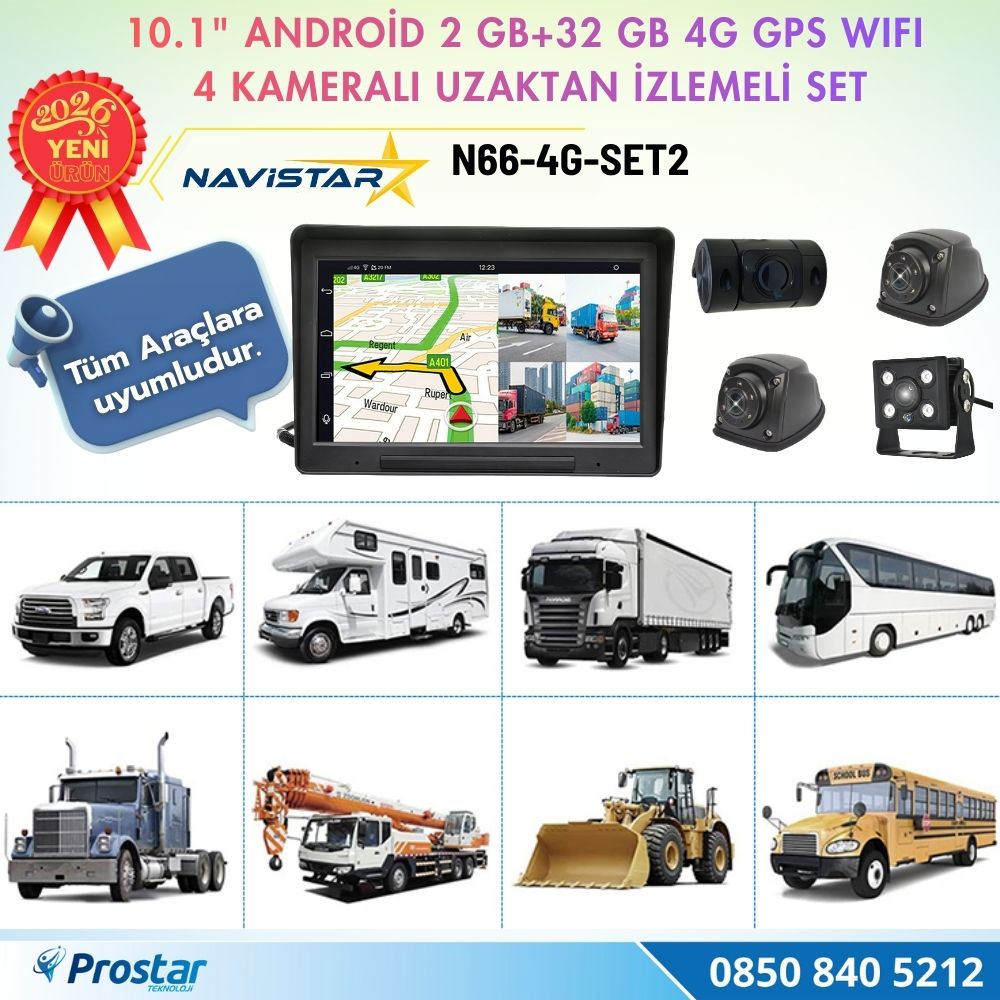 4G Uzaktan izlemeli 10 inç Android, 4 Kameralı, Wifi, GPS, Bluetooth 2 GB + 32 GB ve 512 GB SD Kart Destekli Set