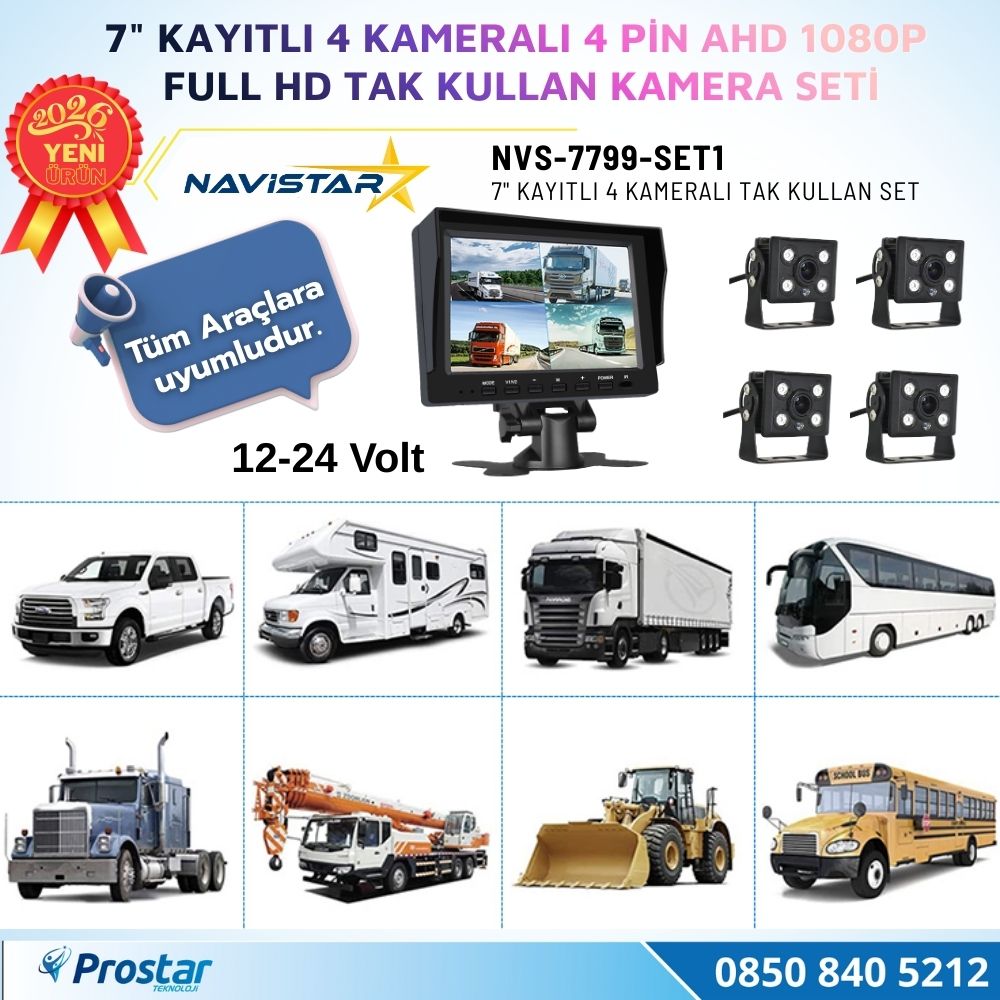 7 inç Kayıtlı 4 Kameralı Full HD Araç Kamera Sistemi AHD 1080P 256GB SD Kart Destekli Gece Görüşlü Tak Kullan Set