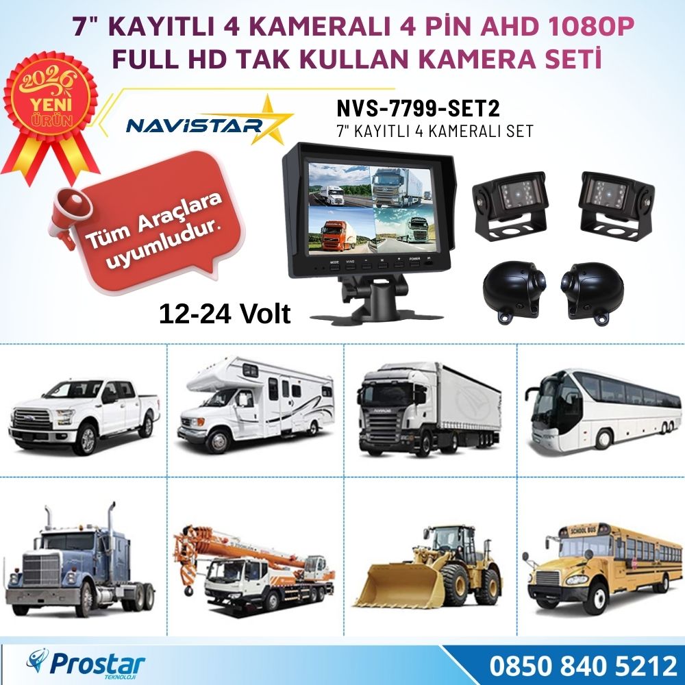 7 inç Kayıtlı AHD 1080P 4 Kameralı Full HD Araç Kamera Sistemi 256GB SD Kart Destekli Gece Görüşlü Tak Kullan Set