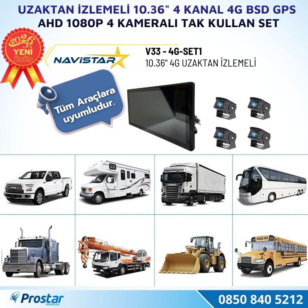 Uzaktan izlemeli 10.36 inç 4 Kanal 4G GPS BSD Kör Nokta Uyarı Sistemli Profesyonel Araç Kamera Seti