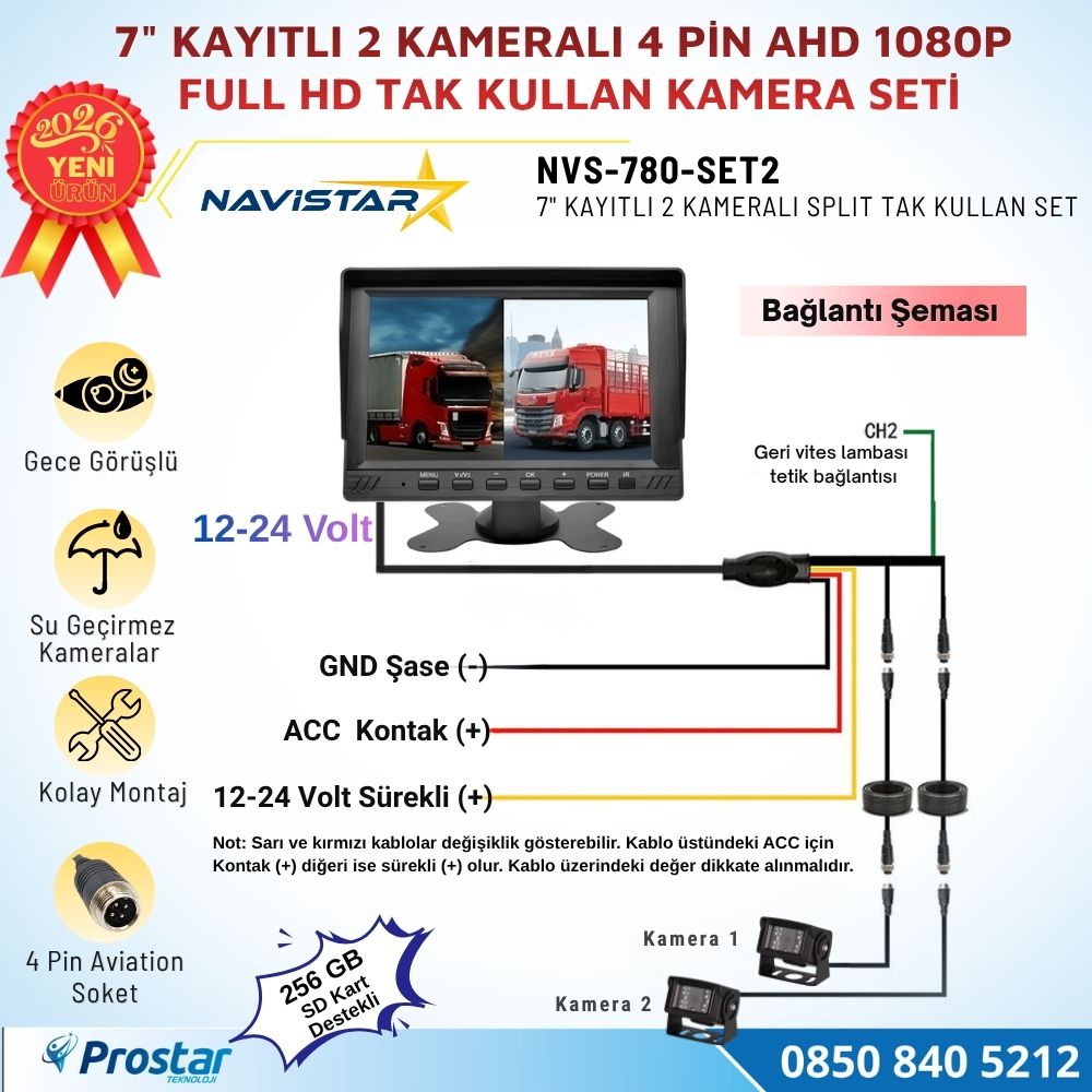 7 inç 2 Kameralı Kayıtlı 1080P Full HD Araç Güvenlik ve Geri Görüş Seti (12-24V)