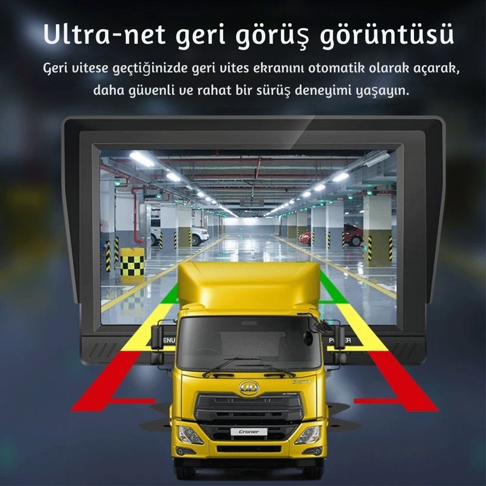9 inç Geniş Ekran Kayıtlı 1080P Full HD 2 Kameralı Araç Güvenlik ve Geri Görüş Seti (12-24V)