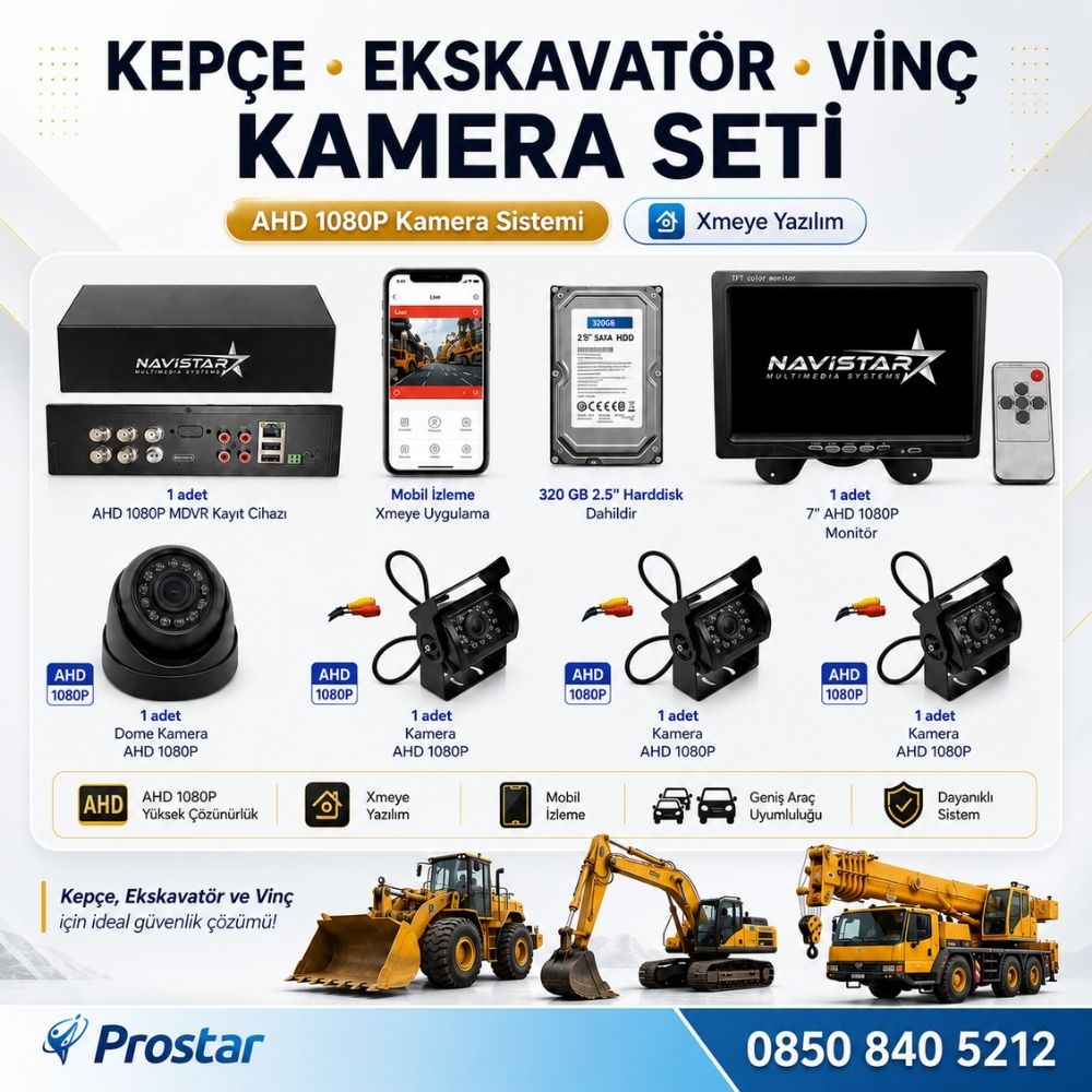 Ekskavatör Dozer Greyder Vinç Kepçe Uzaktan İzlemeli 4 Kameralı 320 Gb Harddisk Kamera Seti