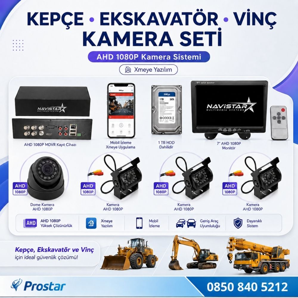Uzaktan İzlemeli 4 Kameralı Ekskavatör Dozer Greyder Vinç Kepçe 1 Tb Harddisk Kamera Seti
