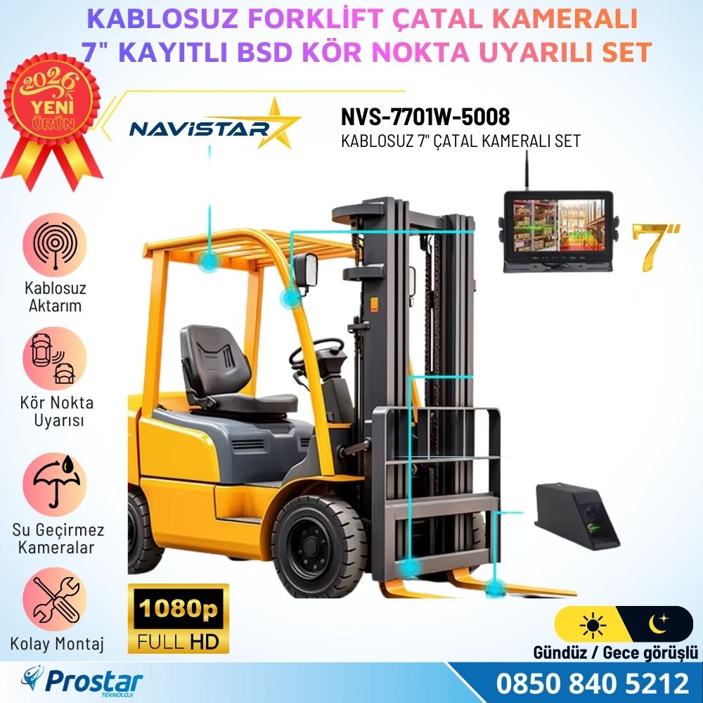 Kablosuz Lazerli Çatal Kameralı 7 inç Kayıtlı Forklift Kamera Sistemi Lazerli Kör Nokta Uyarılı 1080P Full HD Gece Görüşlü