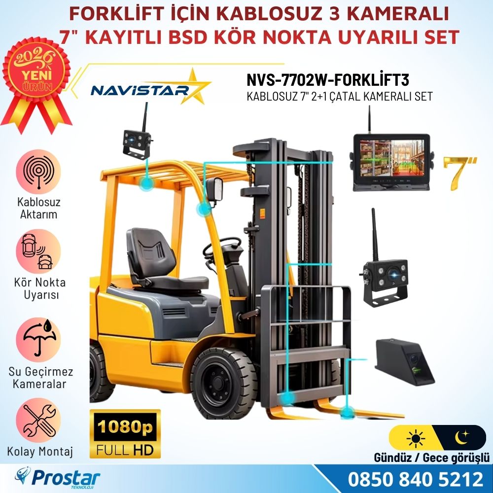 3 Kablosuz Kameralı Forklift Güvenlik Sistemi 7 inç AHD Ekran 2+1 Çatal Kamera Lazerli Kör Nokta Uyarılı 1080P Full HD Set
