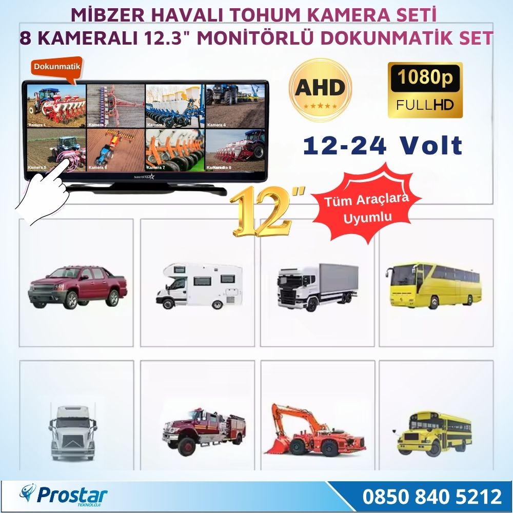 12.3 inç Dokunmatik 8 Kameralı Mibzer Tohum Seti AHD Işıklı Kameralı Tak Kullan Set