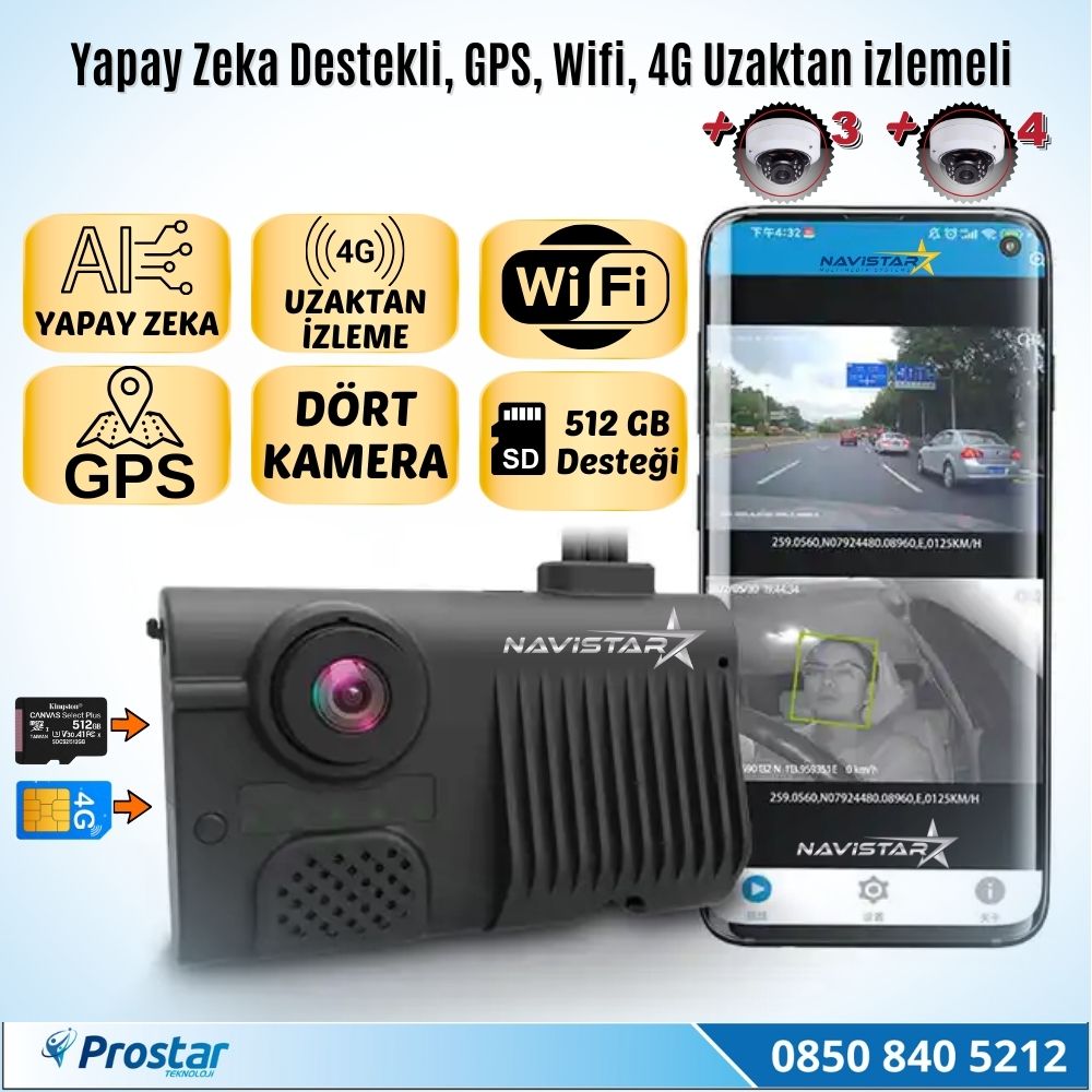 4 Kameralı 4G GPS Wifi Acil Durum butonu dahil Pratik Montaj Kamera Seti