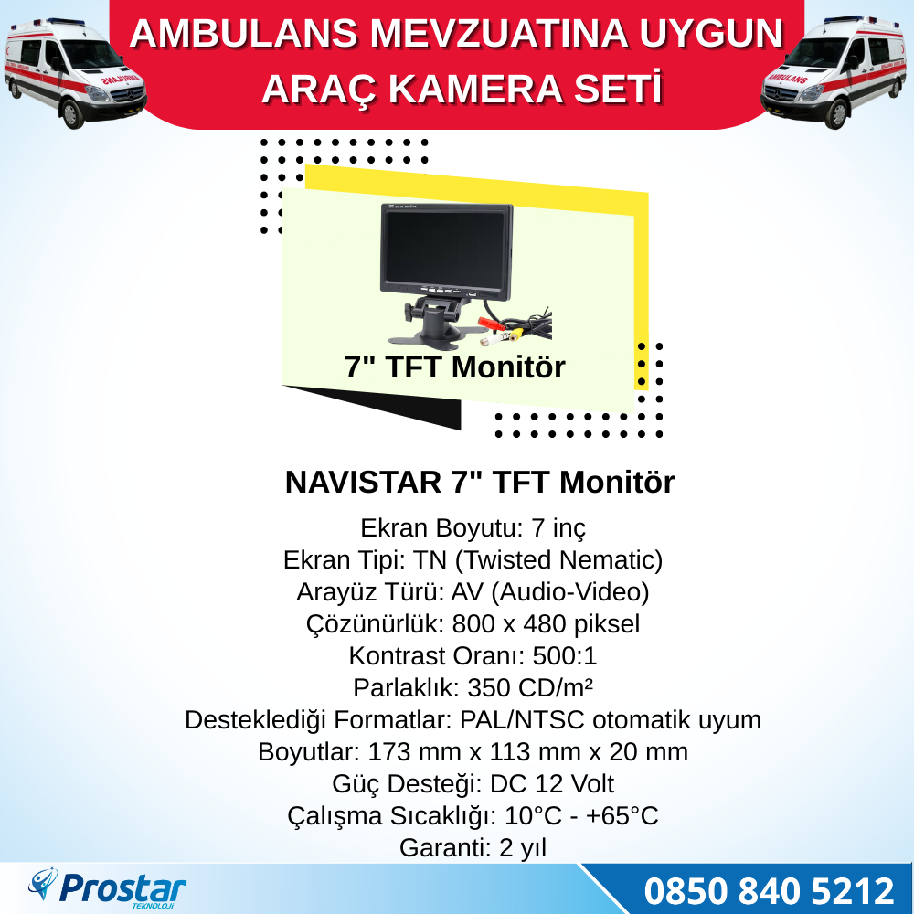 Ambulans Mevzuatına Uygun 2 Kameralı 8 Kanal Mobil NVR 500 GB 7 inç Monitörlü Tak Kullan Set