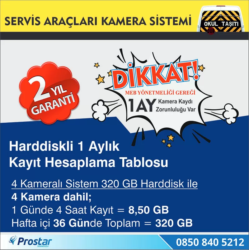 Kayıtlı Harddiskli Okul Servisi 4 Kameralı 320 Gb Harddisk Dahil Araç Kamera Seti — kod prostarhdd320 — görsel 3