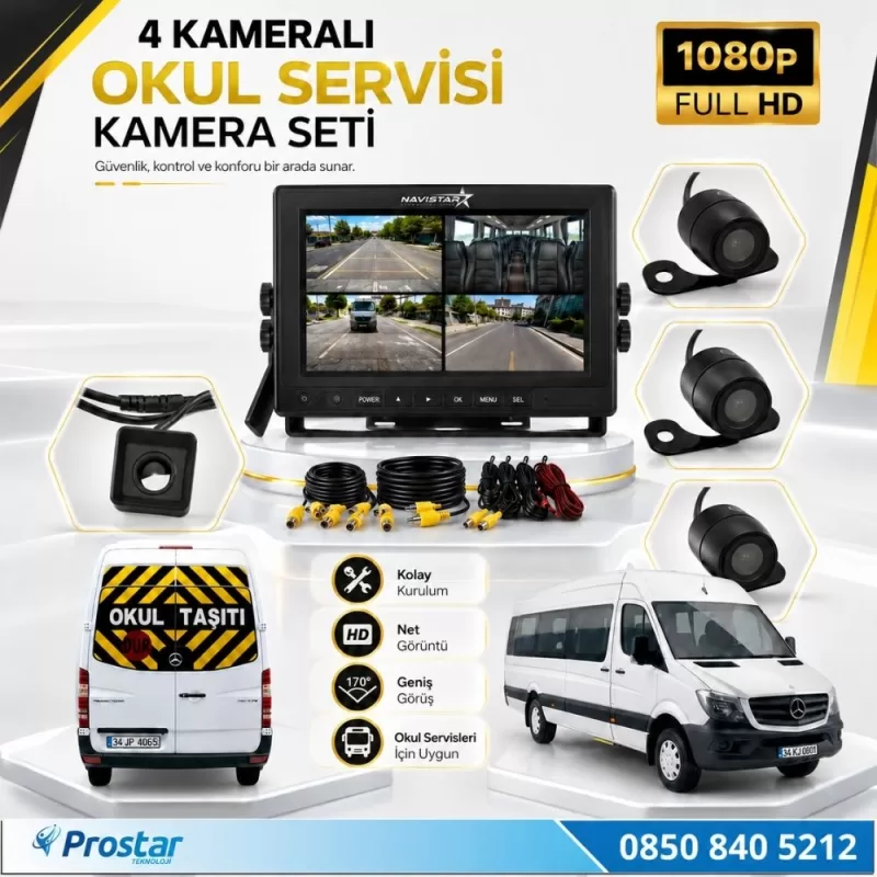 Kayıtlı Okul Ve Servis Taşıtları 4 Lü Kamera 7 Inç Monitör Full Set 256 Gb Sd Kart Desteği — kod 2604