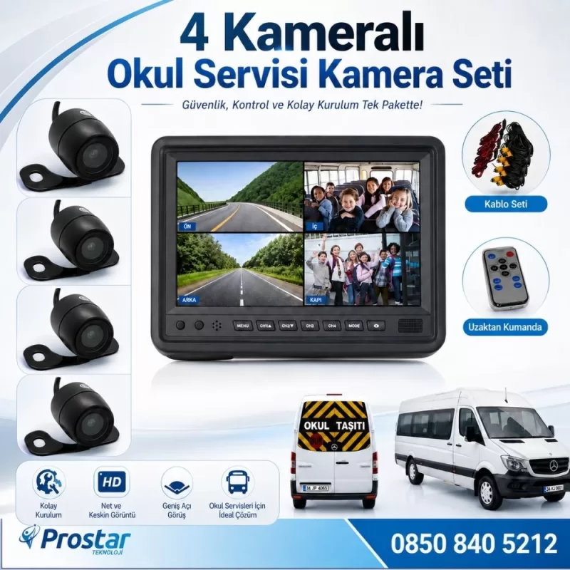 Okul ve Servis Taşıtları Dört Kameralı 7" Ekranlı 4 Kamera Dahil Full Set — kod 2617