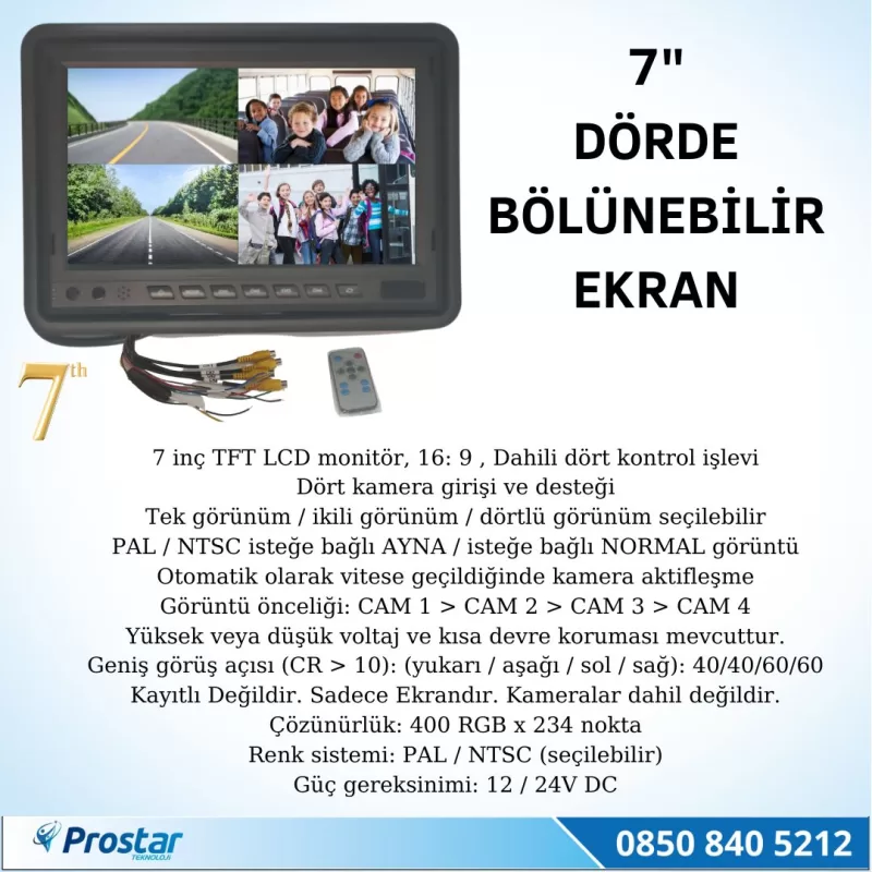 Okul ve Servis Taşıtları Dört Kameralı 7" Ekranlı 4 Kamera Dahil Full Set — kod 2617 — görsel 2