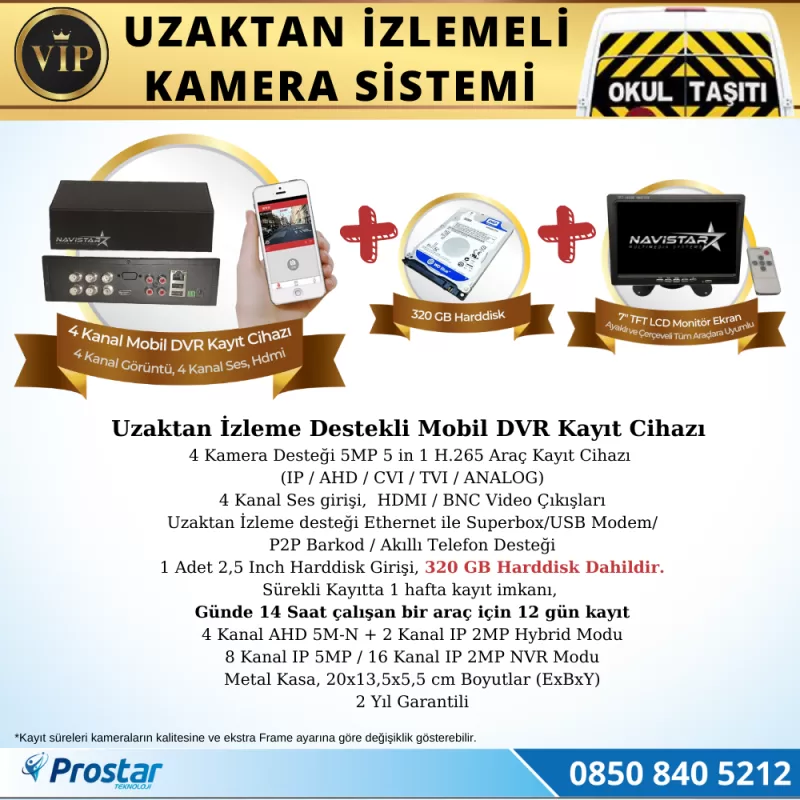 Profesyonel Servis Araç Kamera Seti 4 Kameralı Kayıtlı 320 Gb Harddiskli Tak Kullan Set — kod NvsVipSet320 — görsel 2