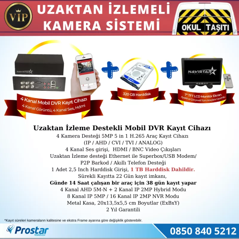 Profesyonel Servis Araç Kamera Seti 4 Kameralı Kayıtlı 1 Tb Harddiskli Tak Kullan Set — kod NvsVipSet1TB — görsel 2