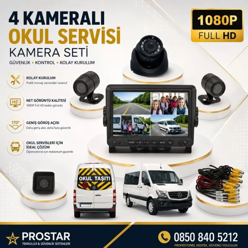 Kayıtlı Servis Okul Taşıtları 4 Lü Kamera 7 Inç Monitör Full Set 256 Gb Sd Kart Desteği + 1 Dome Kamera — kod 2604DM
