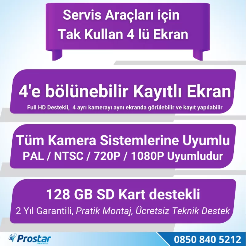Kayıtlı Servis Okul Taşıtları 4 Lü Kamera 7 Inç Monitör Full Set 256 Gb Sd Kart Desteği + 1 Dome Kamera — kod 2604DM — görsel 4