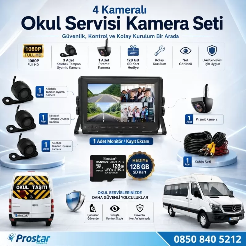 Kayıtlı Okul Ve Servis Araçları 4 Lü Kamera 7 inç Monitör Full Set + 128 Gb Sd Kart Dahil — kod 2604SD128