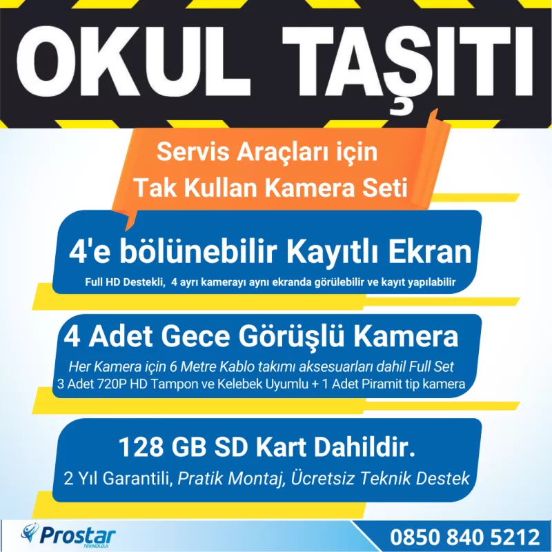 Kayıtlı Okul Ve Servis Araçları 4 Lü Kamera 7 inç Monitör Full Set + 128 Gb Sd Kart Dahil — kod 2604SD128 — görsel 3