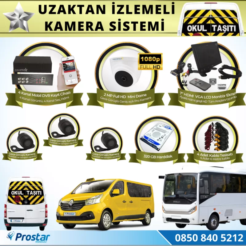 Okul Servis Kamera Sistemi Seti Uzaktan Izlemeli 4 Kameralı 7" Hdmi Monitör 320 Gb Harddisk Dahil — kod VipSet320Hdmi