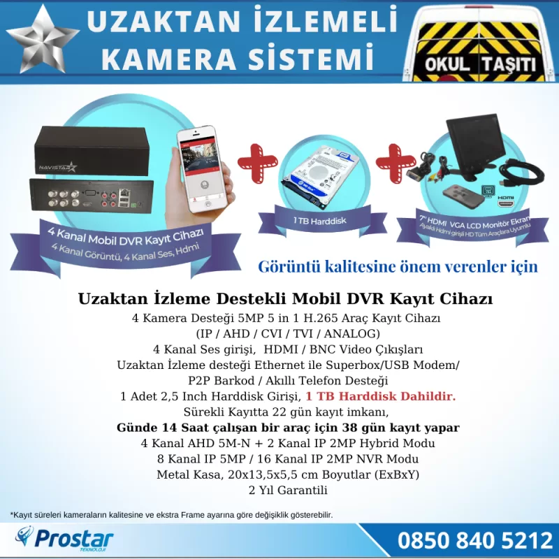 Okul Servis Kamera Sistemi Seti Uzaktan Izlemeli 4 Kameralı 7" Hdmi Monitör 1 Tb Harddisk Dahil — kod VipSet1TBHdmi — görsel 2