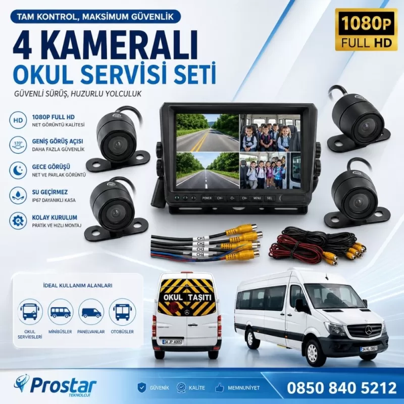 Kayıtlı 4 Kamera Dahil 7 inç Monitörlü Araç Kamera Seti 256 GB Sd Kart Desteği — kod 2604K4