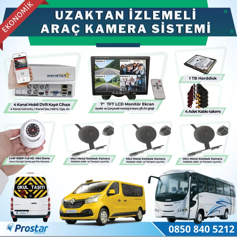Ekonomik 4 Kameralı Kayıtlı 1 Tb Hdd 7 Inç Ekranlı Uzaktan İzlemeli Tak Kullan Set — kod NaviEkoSet1TB