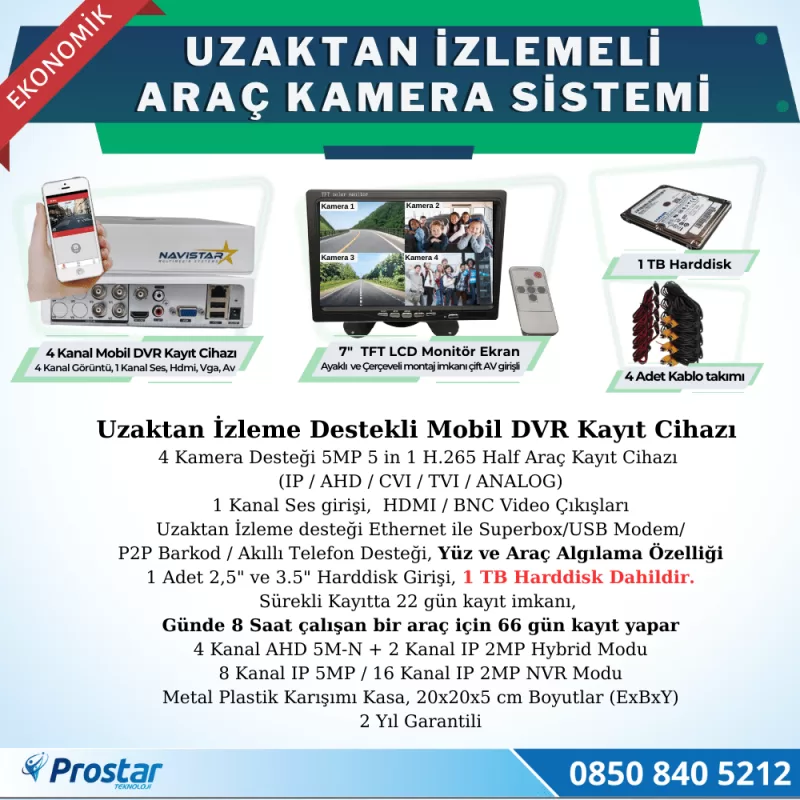 Ekonomik 4 Kameralı Kayıtlı 1 Tb Hdd 7 Inç Ekranlı Uzaktan İzlemeli Tak Kullan Set — kod NaviEkoSet1TB — görsel 2