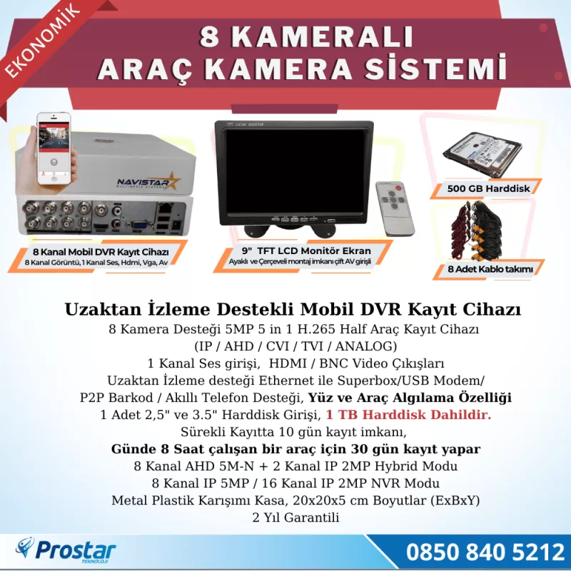 8 Kameralı Kayıtlı 1 Tb Hdd 9  Inç Ekranlı Uzaktan İzlemeli Tak Kullan Set — kod Eko8Kamera1TB — görsel 2