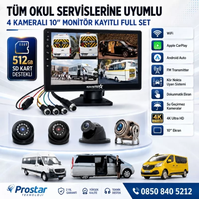 Kayıtlı Servis Okul Kamera Seti 4 Kameralı 10 Inç Dokunmatik Ekranlı 256 Gb Sd Destekli Tak Kullan — kod 2968S