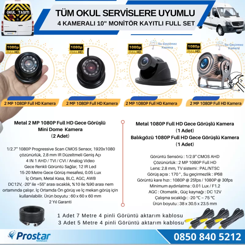 Kayıtlı Servis Okul Kamera Seti 4 Kameralı 10 Inç Dokunmatik Ekranlı 256 Gb Sd Destekli Tak Kullan — kod 2968S — görsel 3
