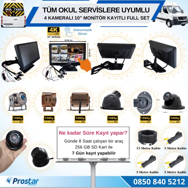 Kayıtlı Servis Okul Kamera Seti 4 Kameralı 10 Inç Dokunmatik Ekranlı 256 Gb Sd Destekli Tak Kullan — kod 2968S — görsel 4