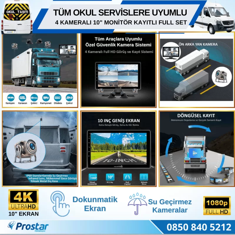 Kayıtlı Servis Okul Kamera Seti 4 Kameralı 10 Inç Dokunmatik Ekranlı 256 Gb Sd Destekli Tak Kullan — kod 2968S — görsel 5