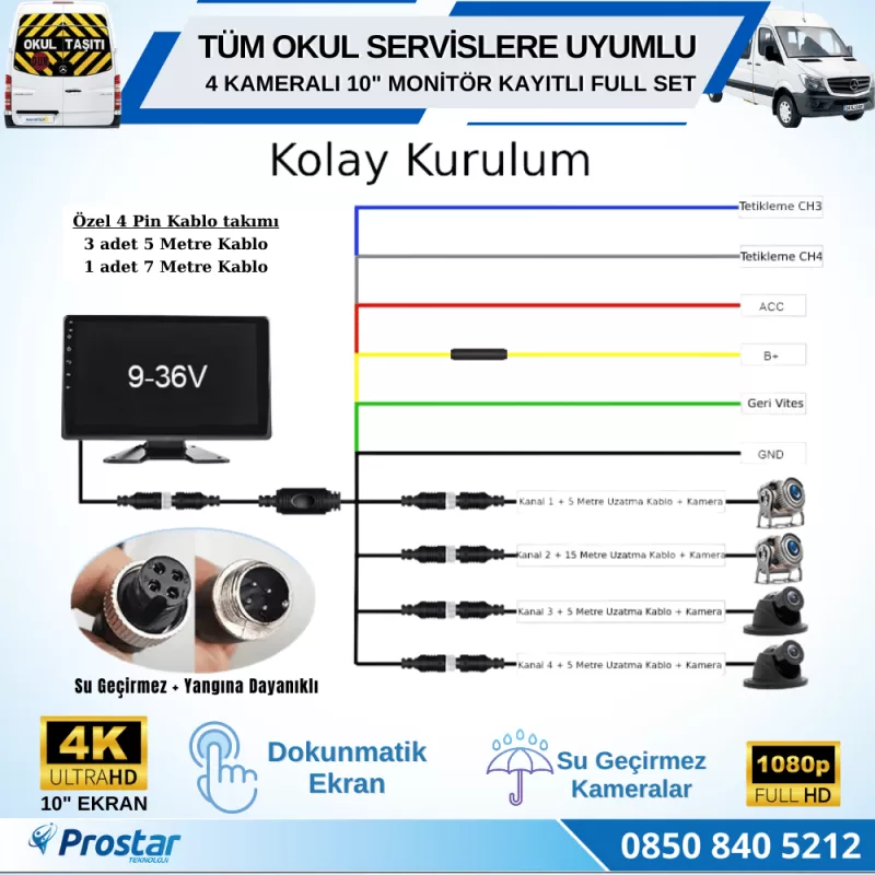 Kayıtlı Servis Okul Kamera Seti 4 Kameralı 10 Inç Dokunmatik Ekranlı 256 Gb Sd Destekli Tak Kullan — kod 2968S — görsel 6