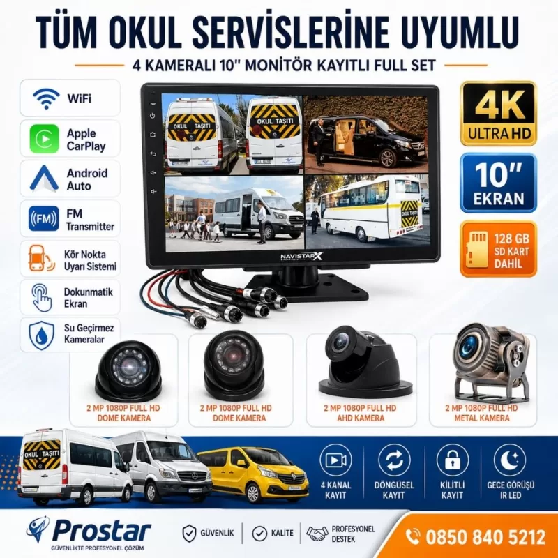 Kayıtlı 4 Kameralı 10 Inç Dokunmatik Ekranlı 128 Gb Sd Dahil Servis Okul Kamera Seti — kod 2968S128Dahil