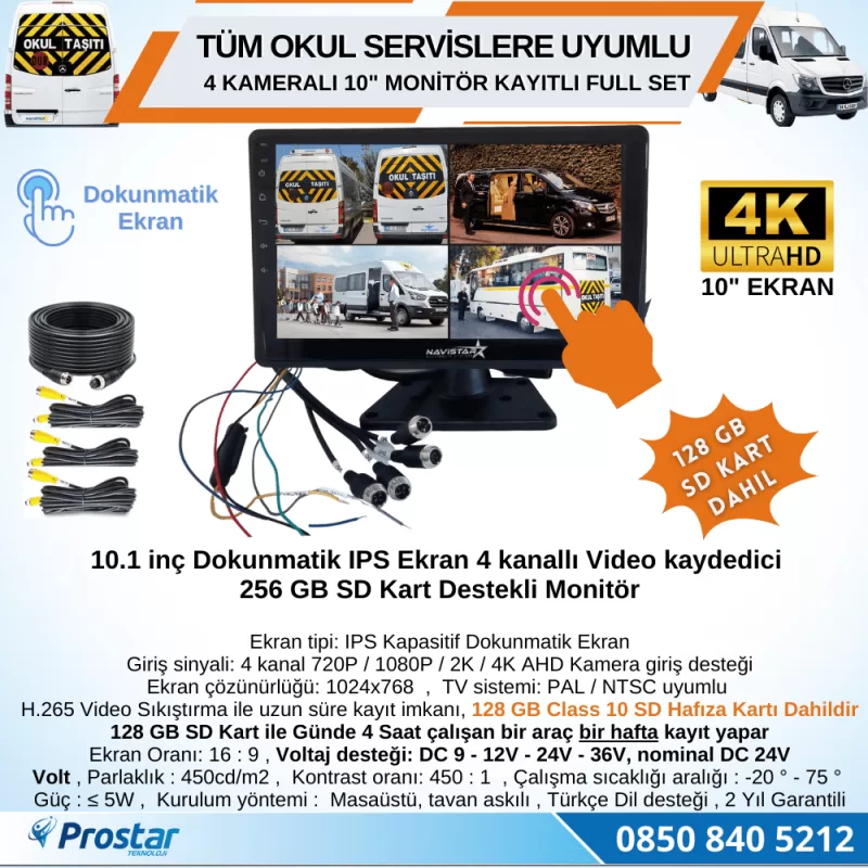 Kayıtlı 4 Kameralı 10 Inç Dokunmatik Ekranlı 128 Gb Sd Dahil Servis Okul Kamera Seti — kod 2968S128Dahil — görsel 2